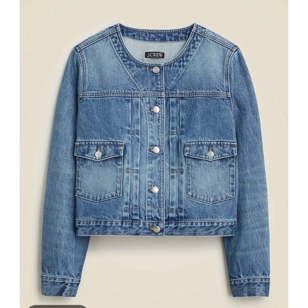 EUC J.Crew Denim LADY JACKET Round Neck Button  Cropped Pleated CC952 Blue XXL